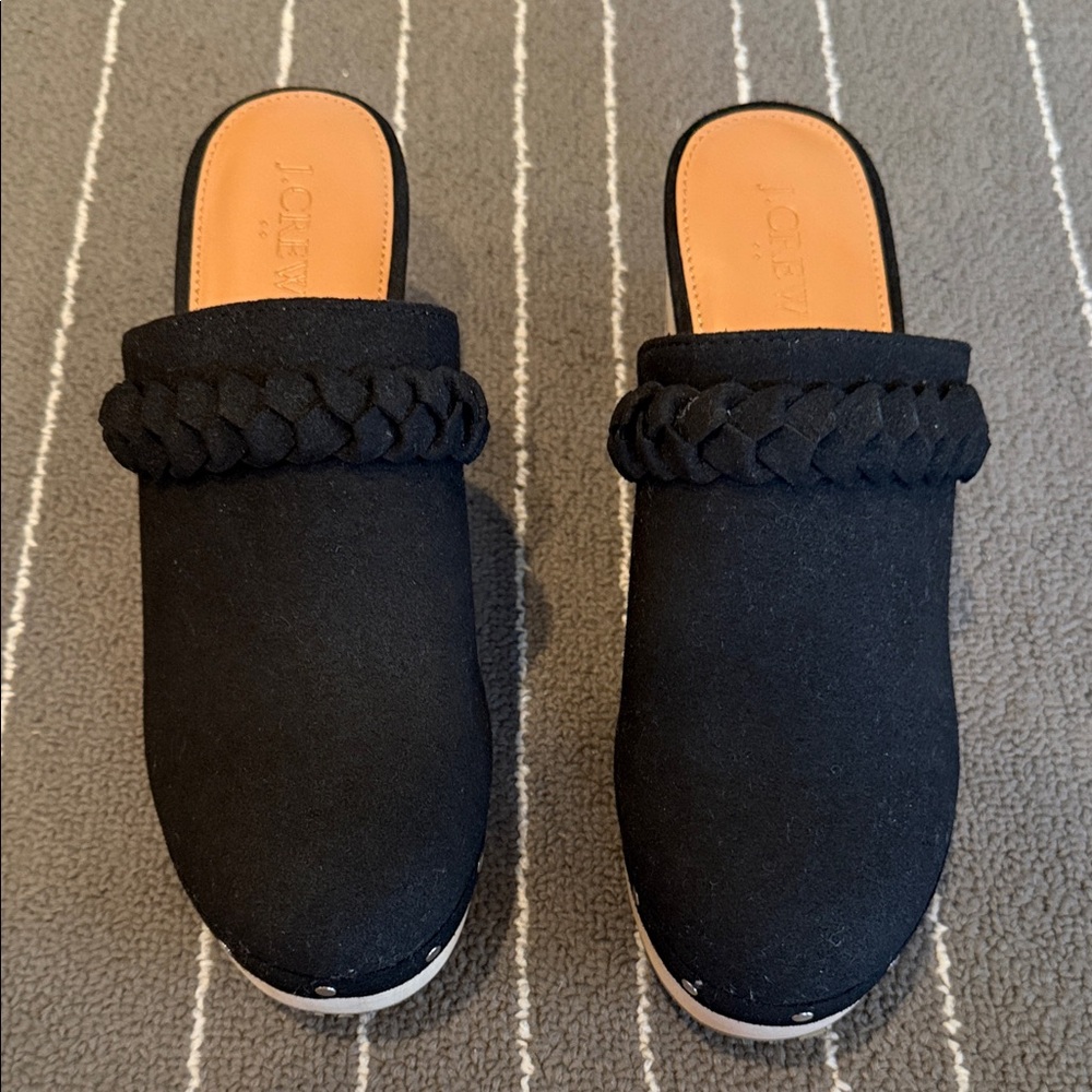J. Crew Black Braided Suede Mule Clogs with wooden heels Size 7 excellent shape